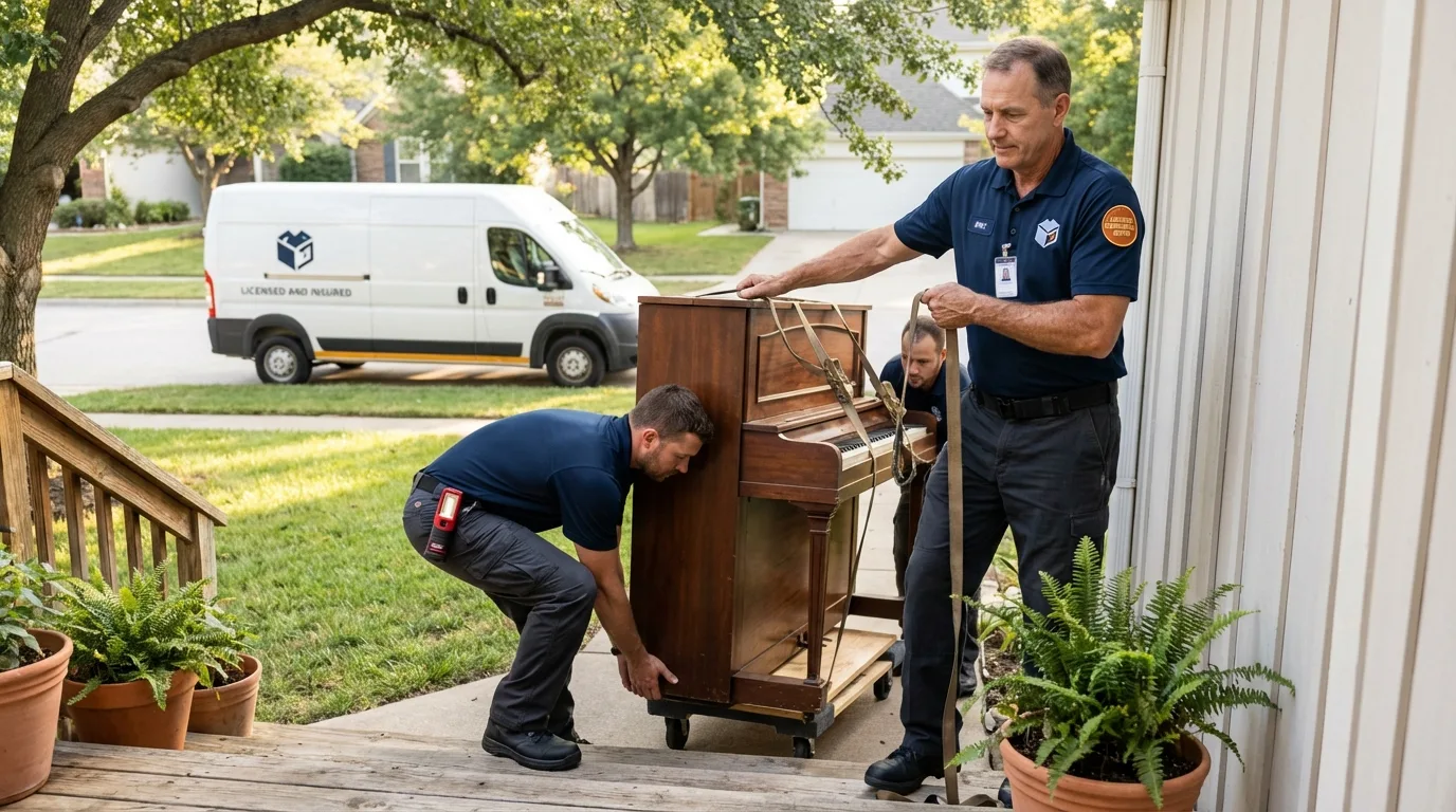 Licensed piano movers securing grand piano in Dundalk, MD